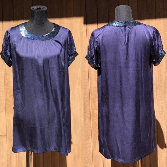 French Blue Silk Sheath Dress Sequins Nana Ki - Picture 1 of 6